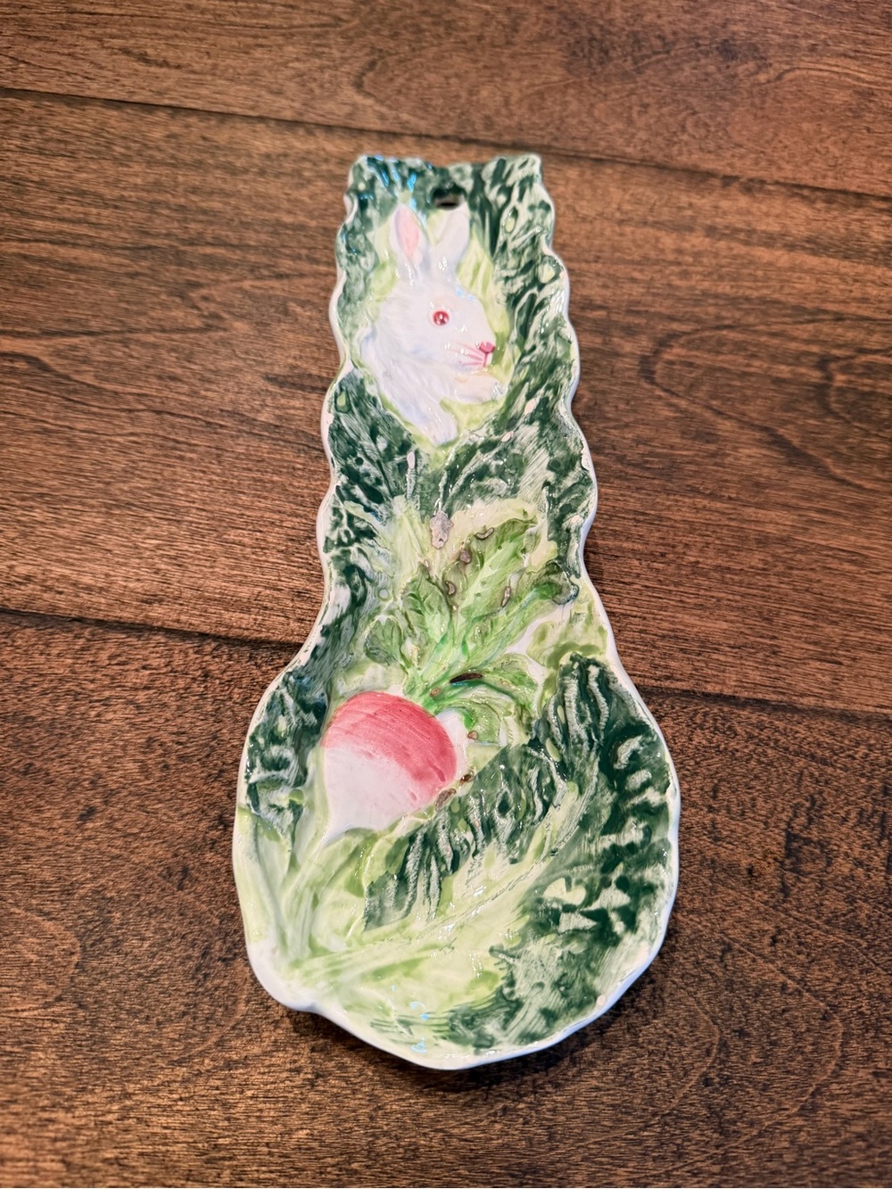 Hand-Painted Ceramic Bunny & Radish Cabbage Spoon Rest in Green and Pink